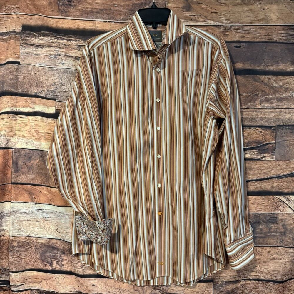 Thomas Dean Shirt Mens Large Brown Orange Striped Button Down Floral Flip Cuff L